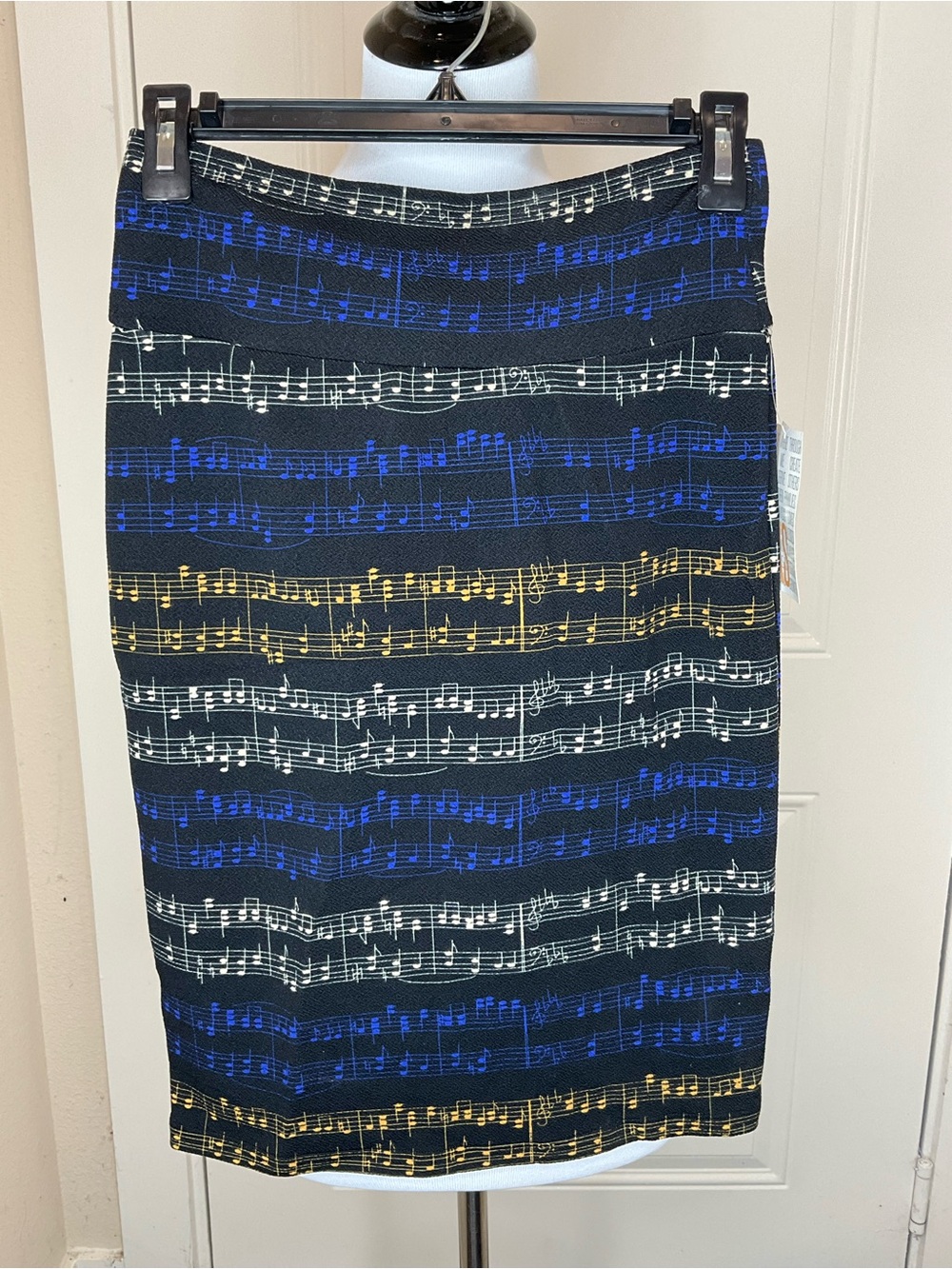 LuLaRoe Cassie Black Pencil Skirt with Blue, White & Gold Musical Notes